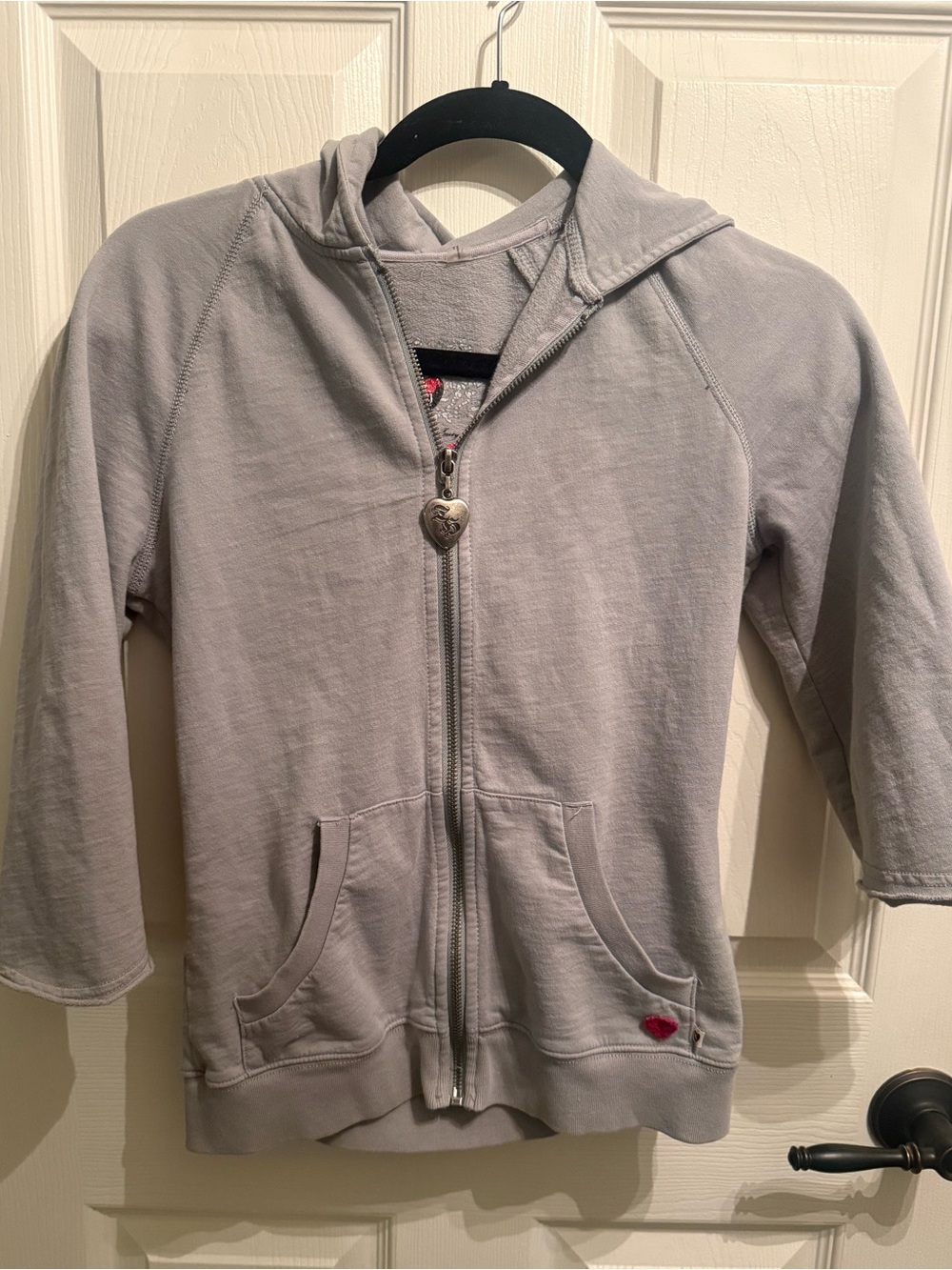 TWISTED HEART Light Gray Zip-Up Track Hoodie with Heart Pull